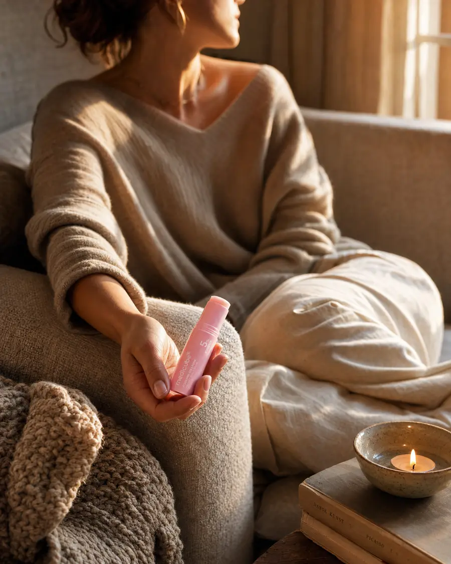 A woman resting on a sofa in lamplight holding the medicube balm stick, with a candle and books beside her